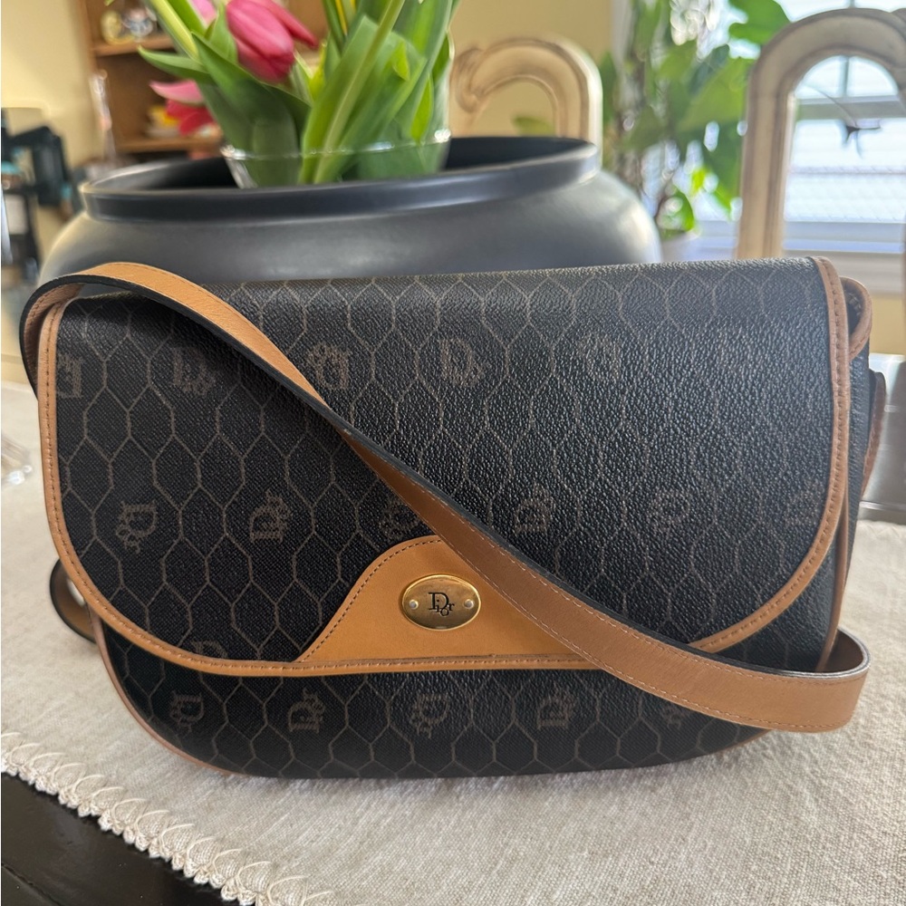 Dior Black Monogram Crossbody Bag with Tan Trim